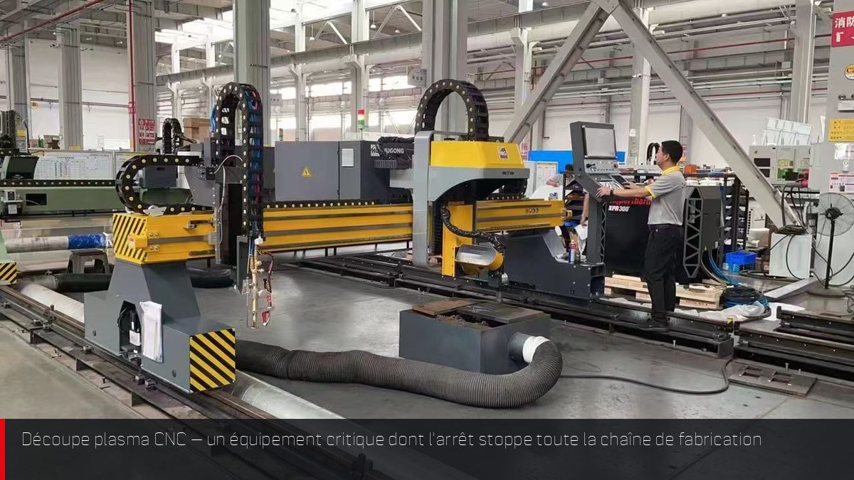 Machine de découpe plasma CNC en atelier, équipement critique sous contrat de maintenance