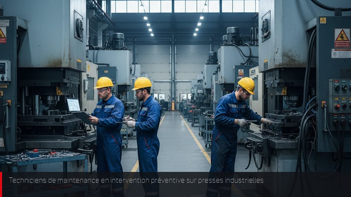 Trois techniciens de maintenance industrielle en intervention sur des presses dans un atelier